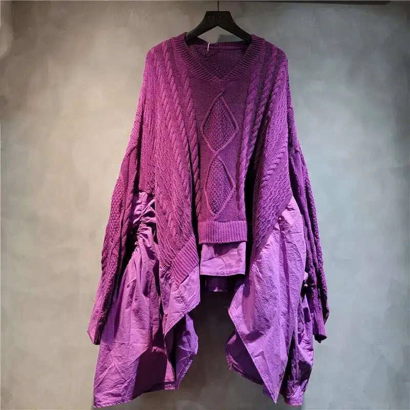 Women's Purple Cable-Knit Patchwork V-Neck Sweater