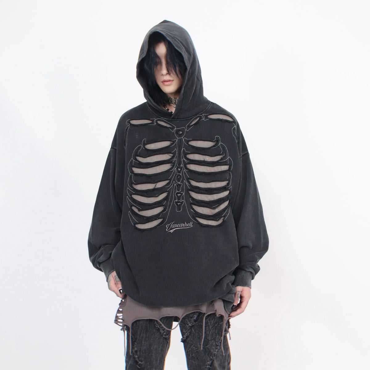 Grunge Skeleton Rib Cutout Pullover Hoodie