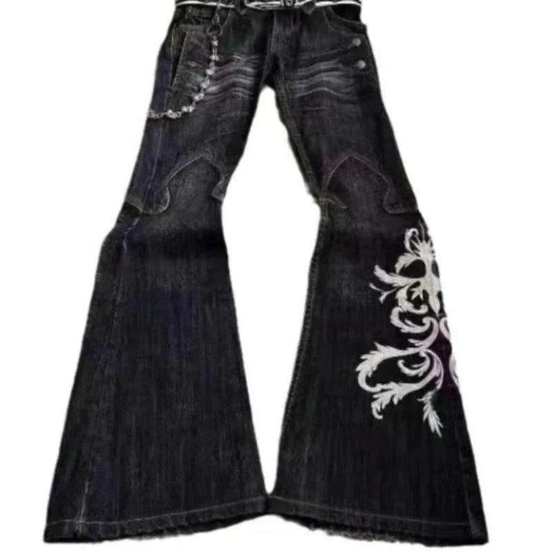 Women’s Black Embroidered Wide-Leg Jeans with High Waist