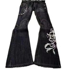 Women’s Black Embroidered Wide-Leg Jeans with High Waist