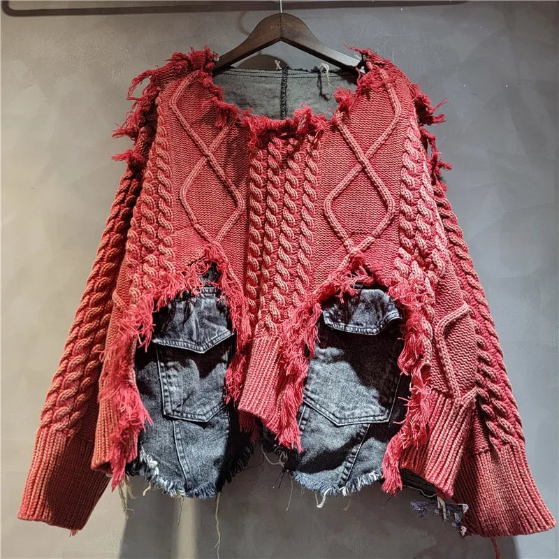 Women's Patchwork Cable-Knit Pullover Sweater with Denim Pockets