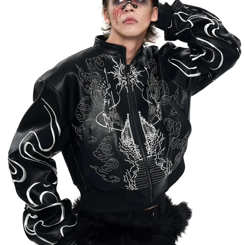Men’s Black Embroidered PU Leather Jacket