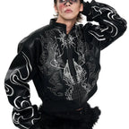 Men’s Black Embroidered PU Leather Jacket