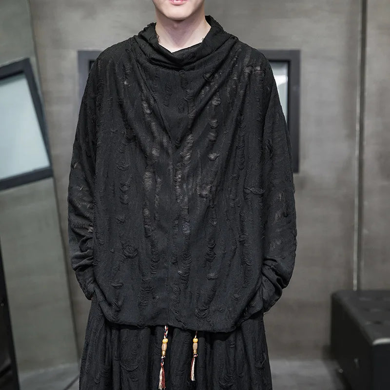 Men's Black Distressed Long-Sleeve Turtleneck Top