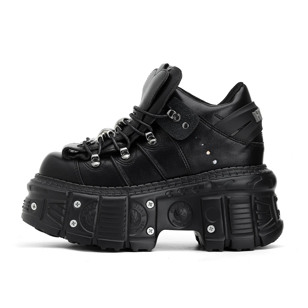 Women's Black Lace-Up Platform Ankle Shoes with Metal Details