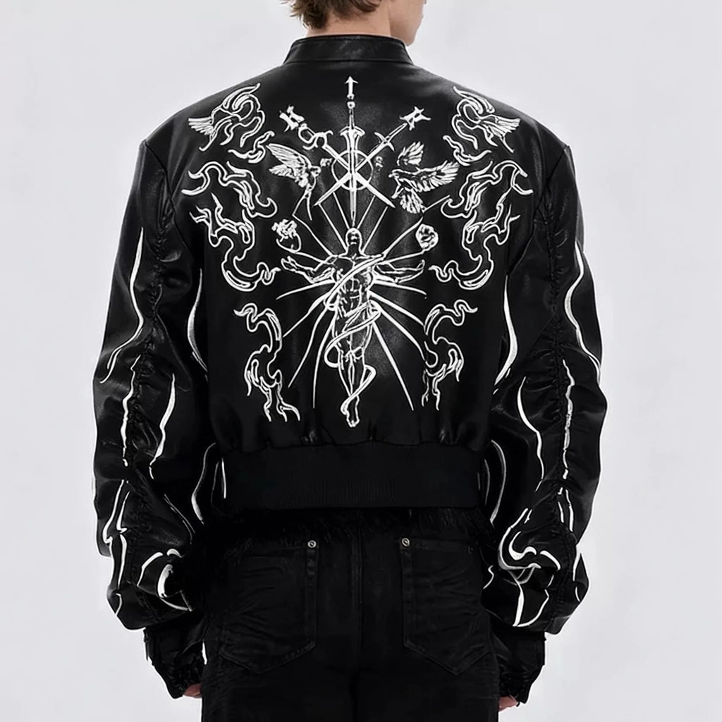 Men’s Black Embroidered PU Leather Jacket