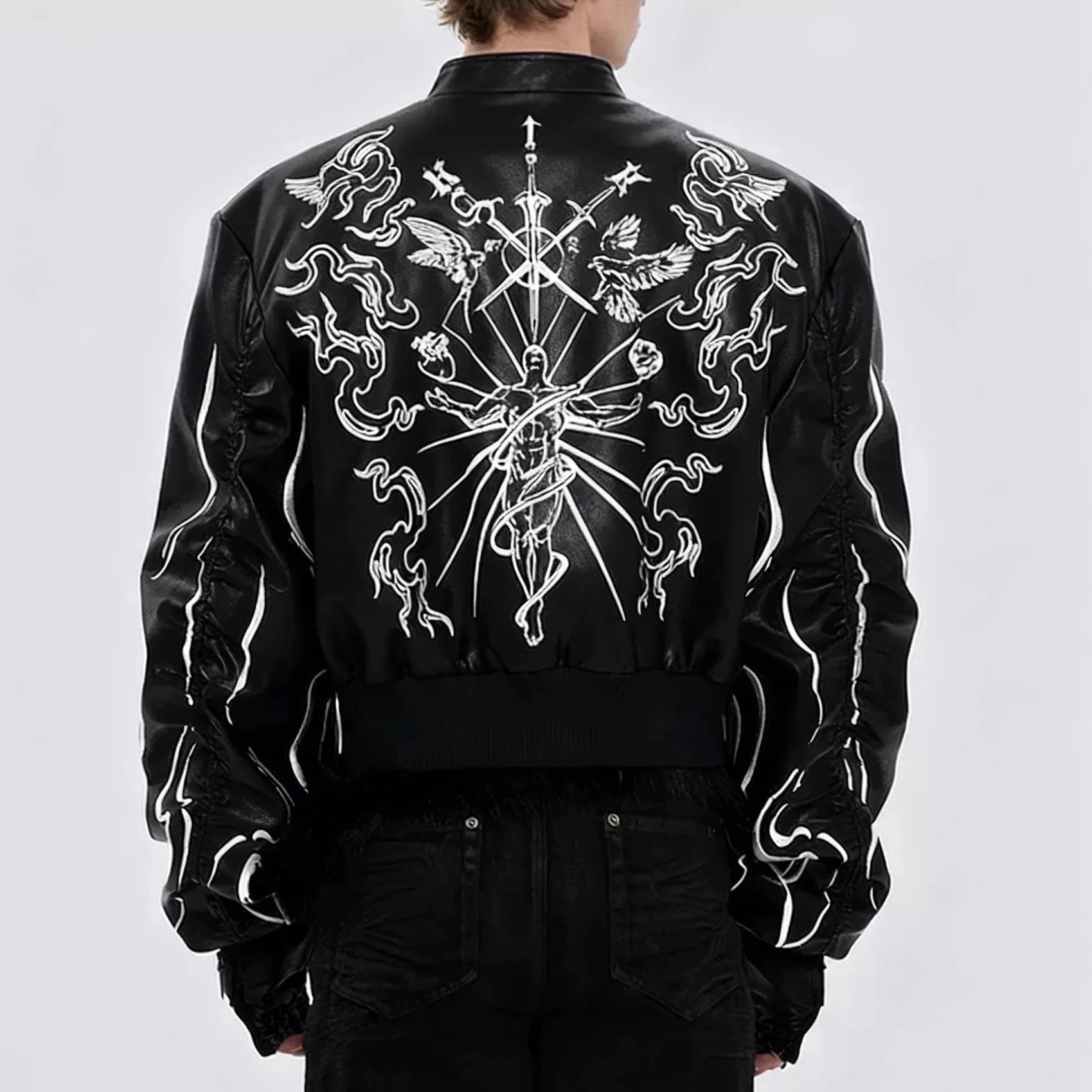 Men’s Black Embroidered PU Leather Jacket