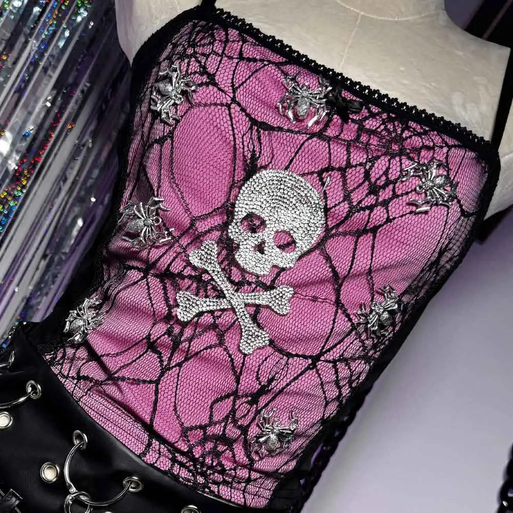 Spider Web Skull Halter Crop Top