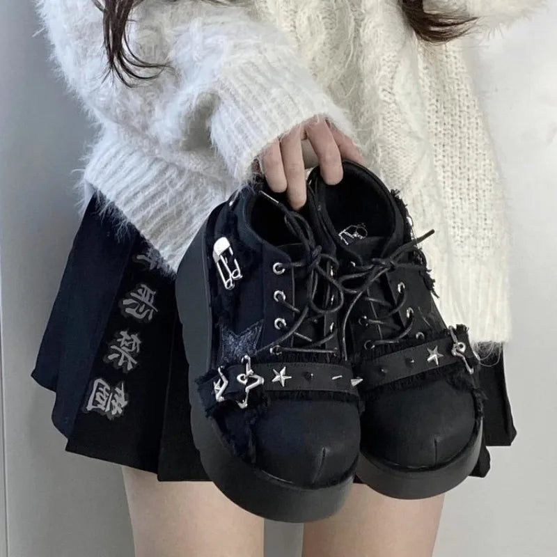Star-Print Platform Ankle Boots with Chain Detail