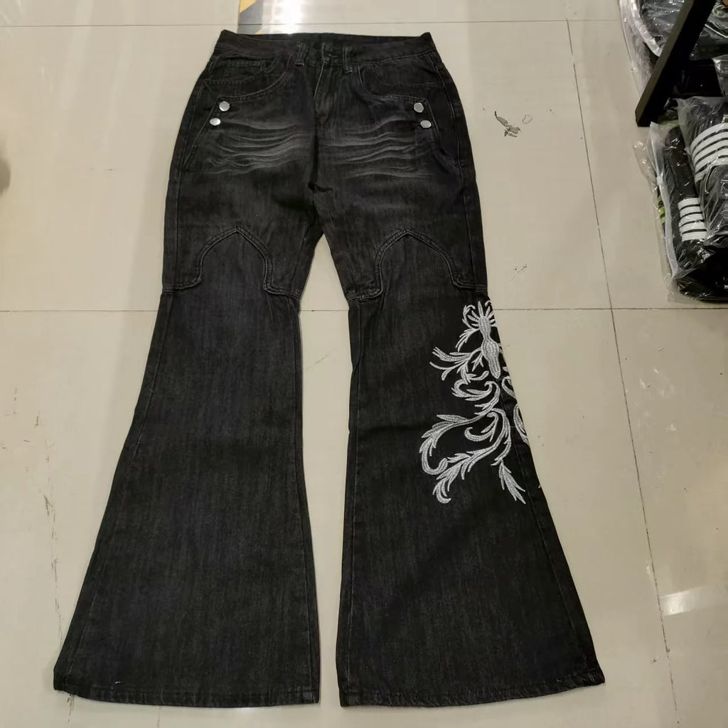 Women’s Black Embroidered Wide-Leg Jeans with High Waist