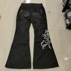 Women’s Black Embroidered Wide-Leg Jeans with High Waist