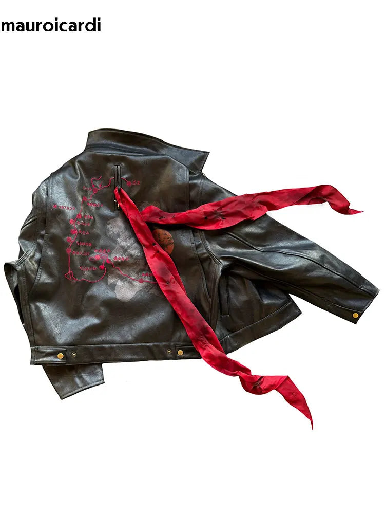 Men's Black Faux Leather Jacket with Red Ribbon Detail