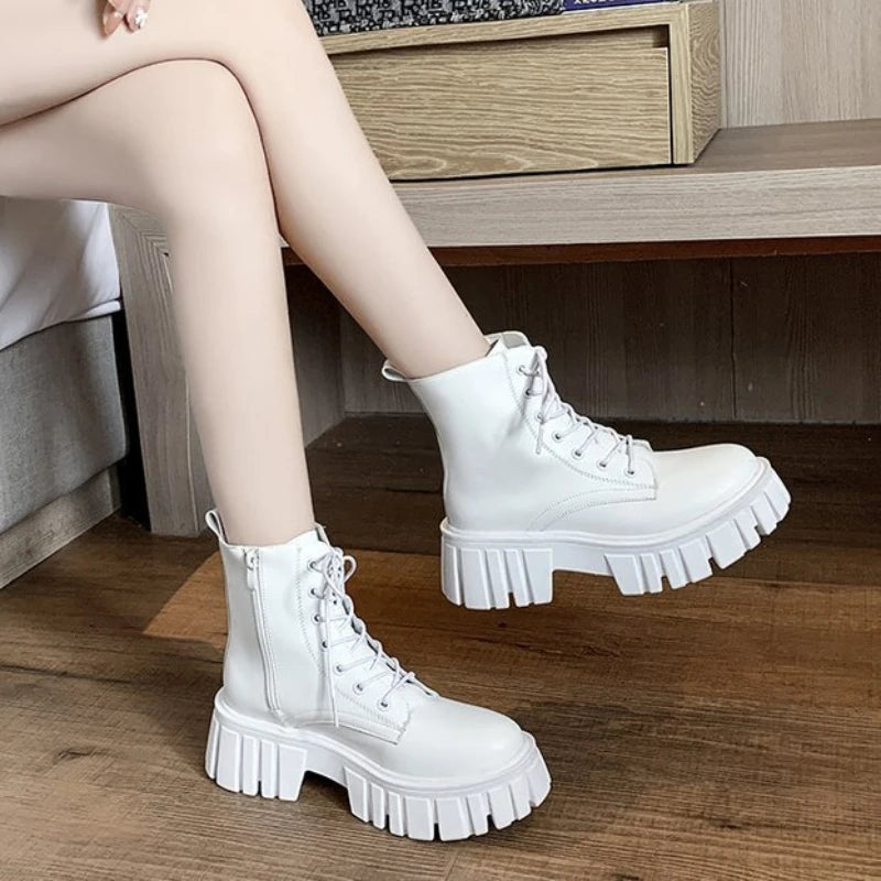 Women's PU Ankle Boots with Lugged Sole – Lace-Up