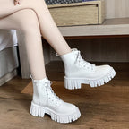 Women's PU Ankle Boots with Lugged Sole – Lace-Up