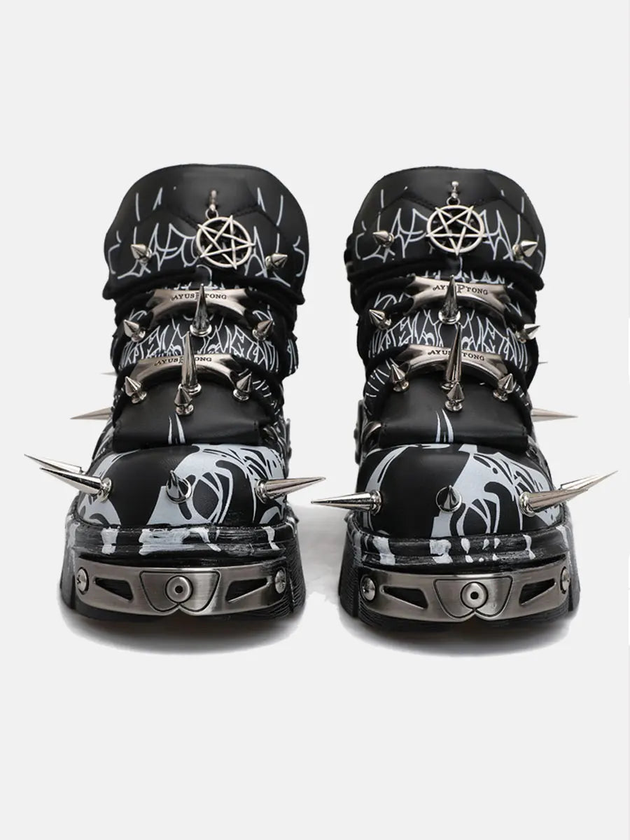 Black Graffiti Rivet Platform Shoes with Spikes
