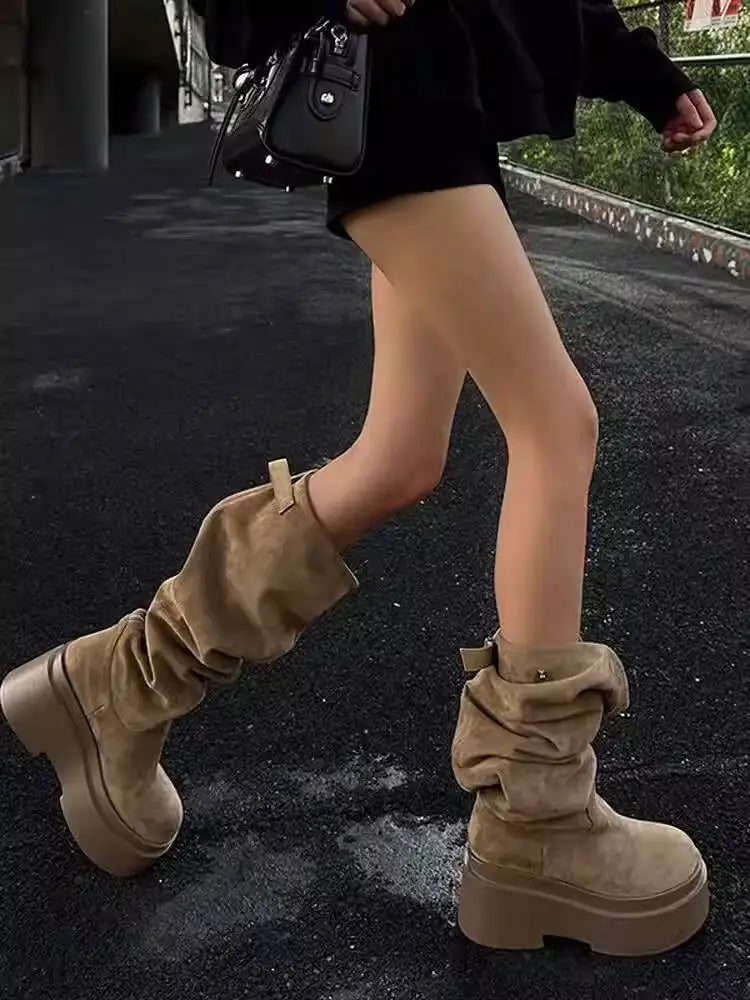 Women’s Brown Slouchy Mid-Calf Boots with Square Toe and Low Heel