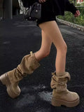Women’s Brown Slouchy Mid-Calf Boots with Square Toe and Low Heel