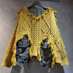 Women's Yellow Patchwork Knit Sweater with Denim Pockets