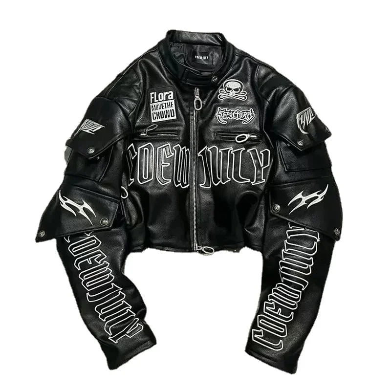 Black Embroidered Skull Graphic Motorcycle Jacket