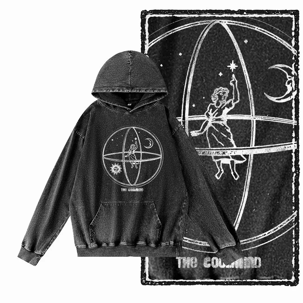 Acid-Washed Black Printed Cotton Pullover Hoodie