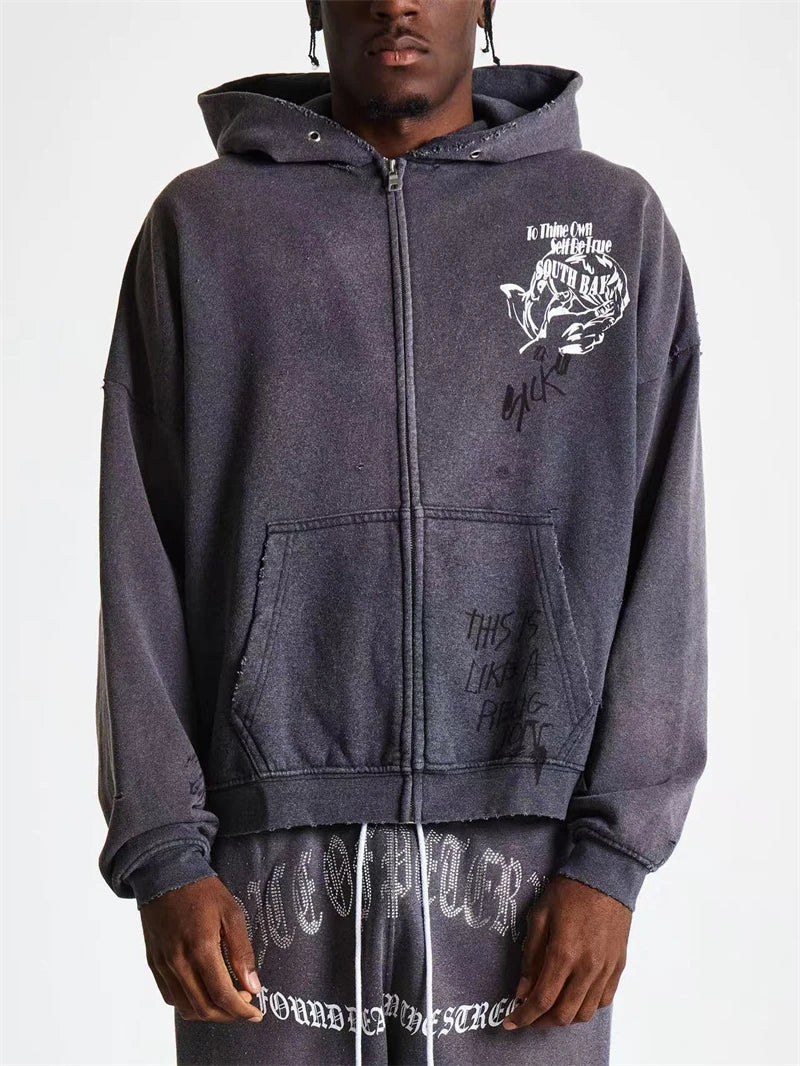Men's Black Graphic Zip Hoodie