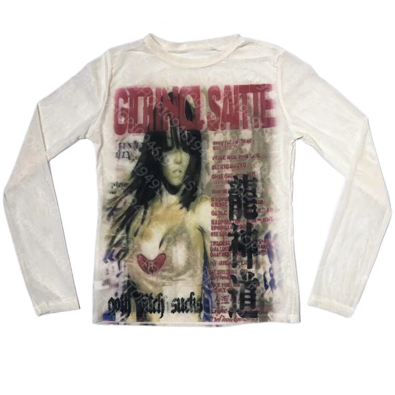 Women's White Graphic Long-Sleeve T-Shirt
