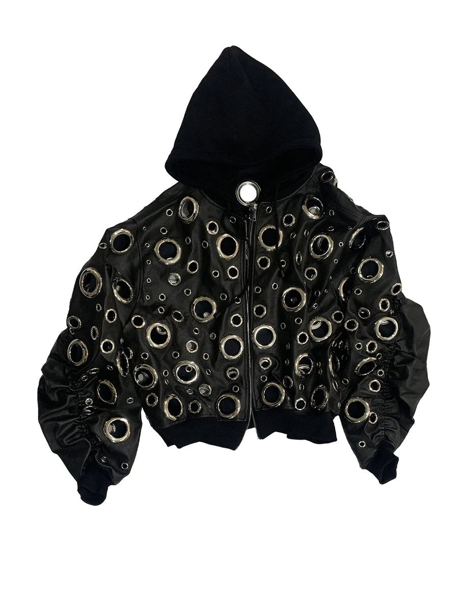 Men’s Oversized Hooded Faux-Leather Eyelet Jacket