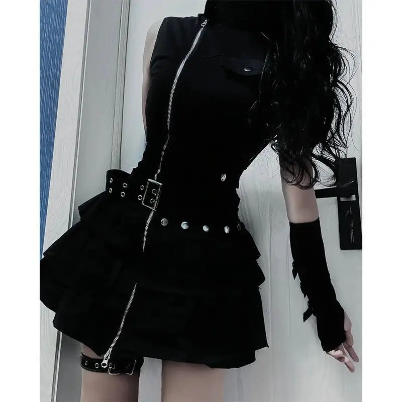 Women’s Black Sleeveless Zip Dress with Tiered Ruffle Skirt