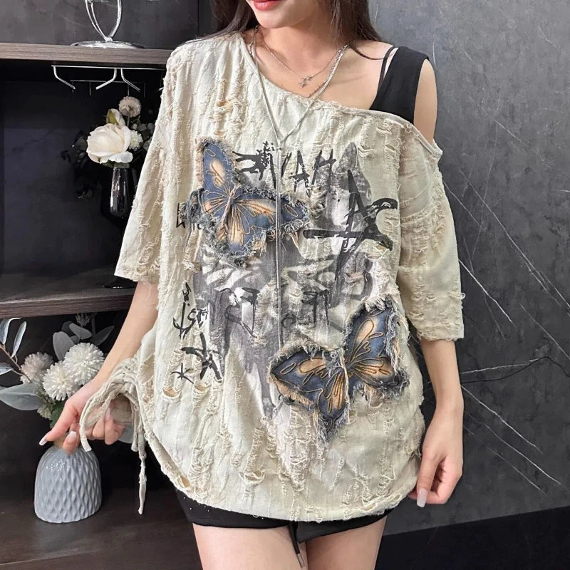 Women's Beige Butterfly Patchwork Graphic Off-Shoulder T-Shirt
