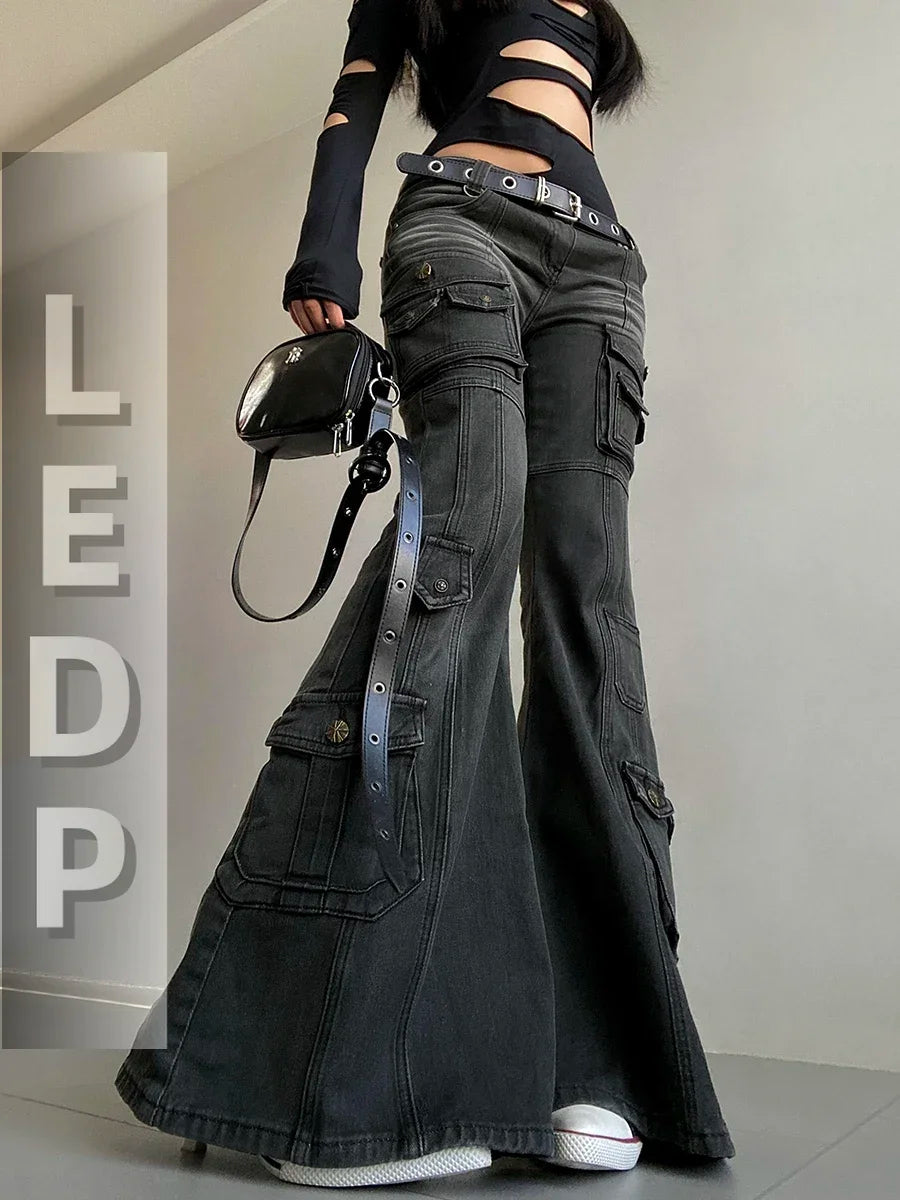 Women's Black Low-Rise Flare Cargo Jeans