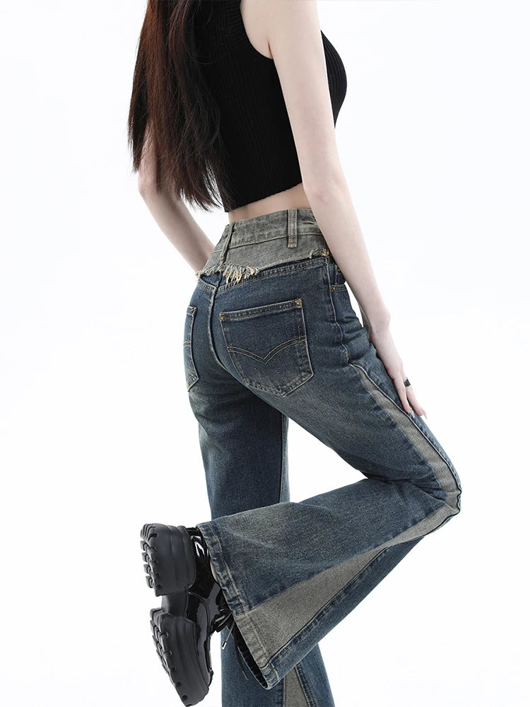 Women’s Blue Patchwork High-Waist Bootcut Jeans