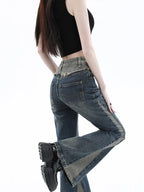 Women’s Blue Patchwork High-Waist Bootcut Jeans