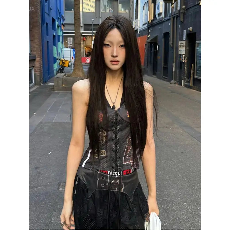 Black Graphic Lace-Up Halter Camisole Top
