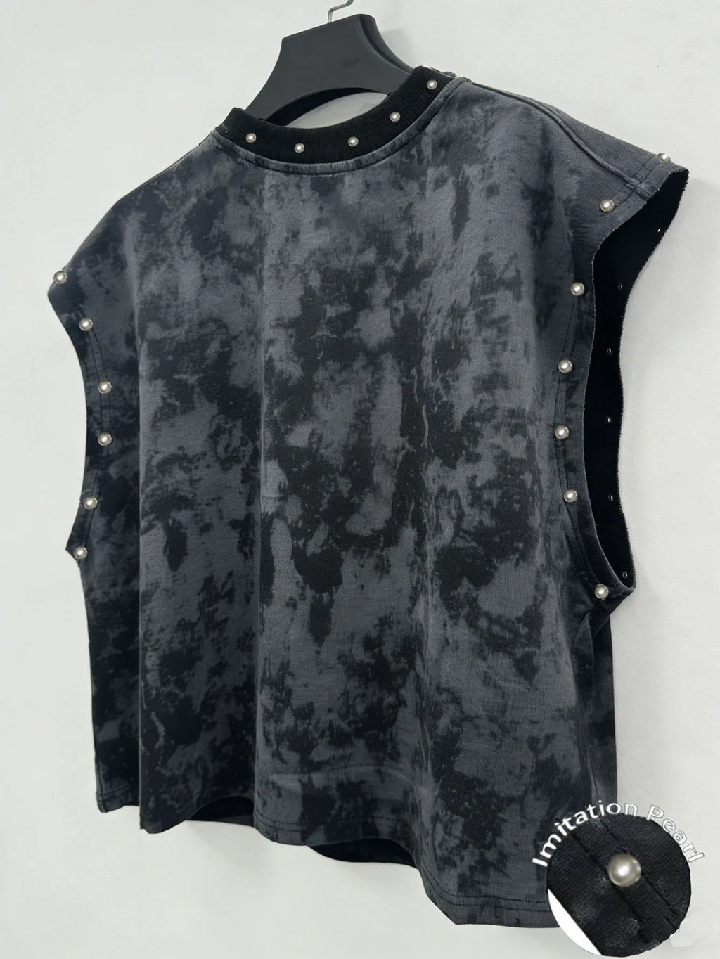 Unisex Black Distressed Pearl-Studded Cropped Sleeveless Top