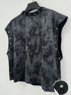 Unisex Black Distressed Pearl-Studded Cropped Sleeveless Top