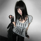 Grunge Striped Letter Print T-Shirt - Gray