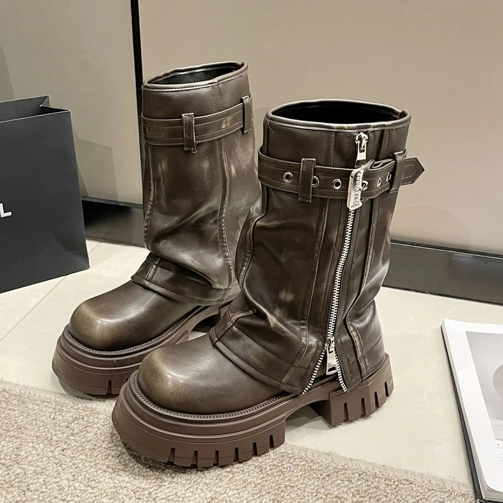 Women's Knee-High Platform Boots with Belt Detail and Square Toe