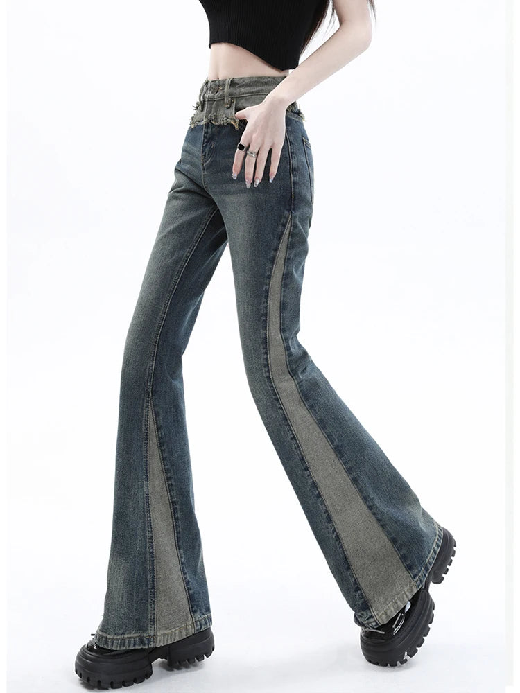 Women’s Blue Patchwork High-Waist Bootcut Jeans