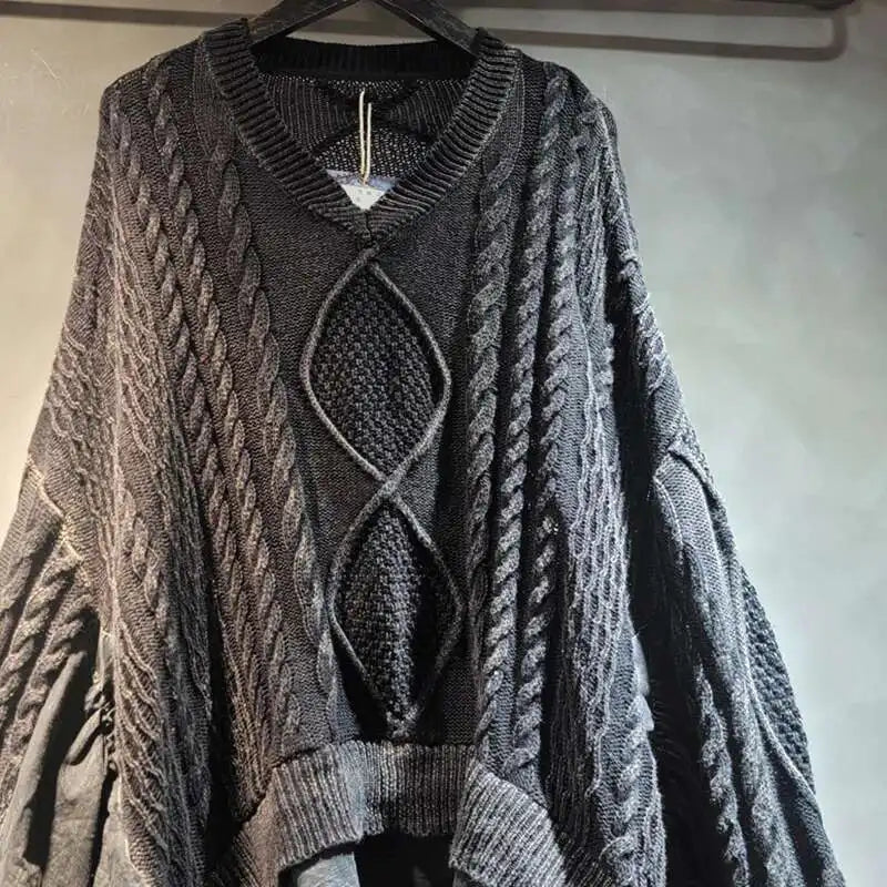 Women's Black Cable-Knit Patchwork V-Neck Sweater