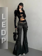 Women's Black Low-Rise Flare Cargo Jeans