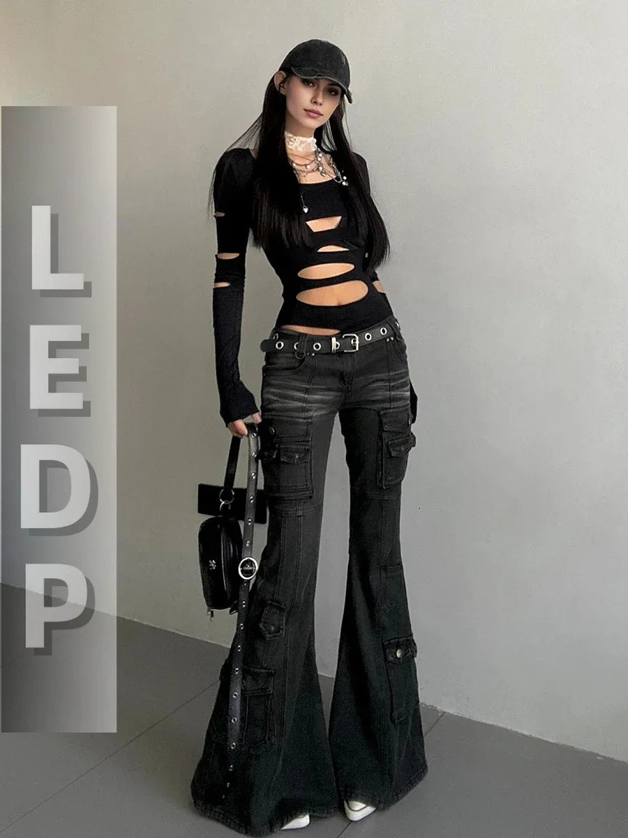 Women's Black Low-Rise Flare Cargo Jeans