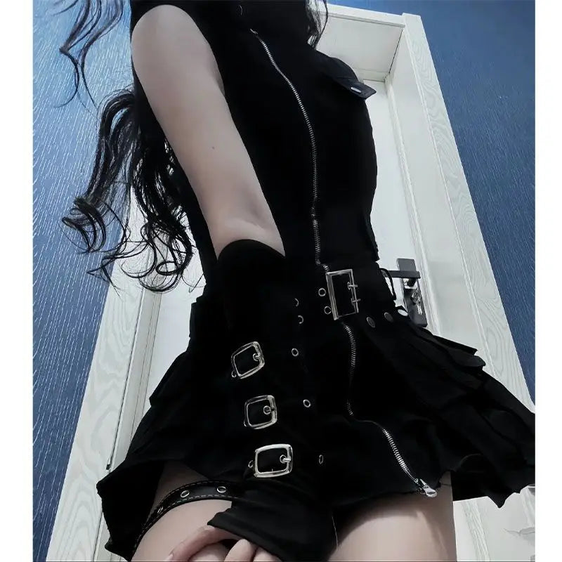 Women’s Black Sleeveless Zip Dress with Tiered Ruffle Skirt