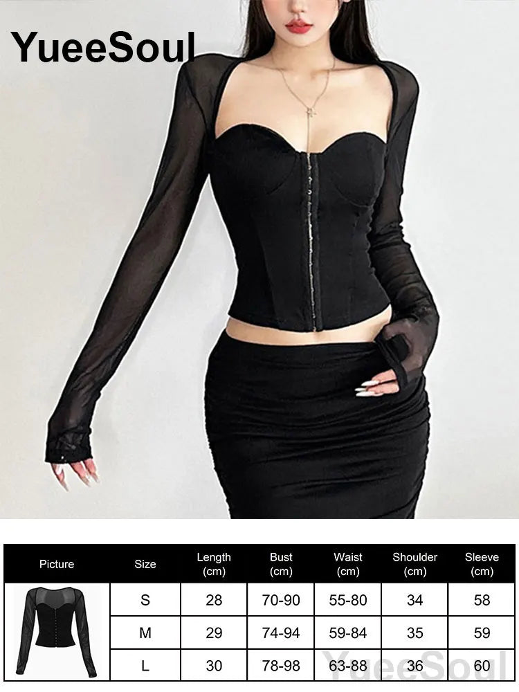 Women's Black Lace-Panel Long-Sleeve Top