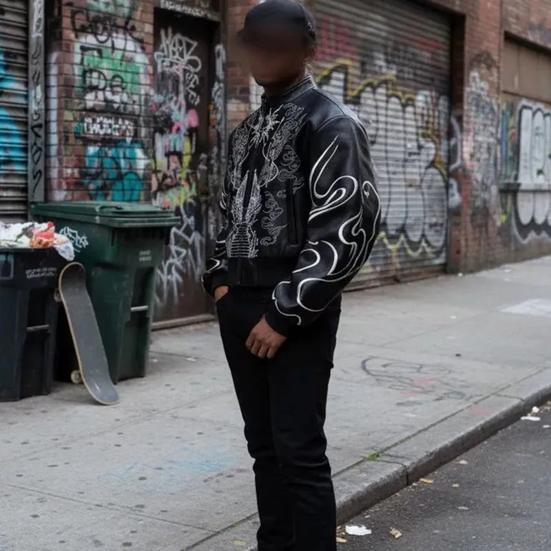 Men’s Black Embroidered PU Leather Jacket