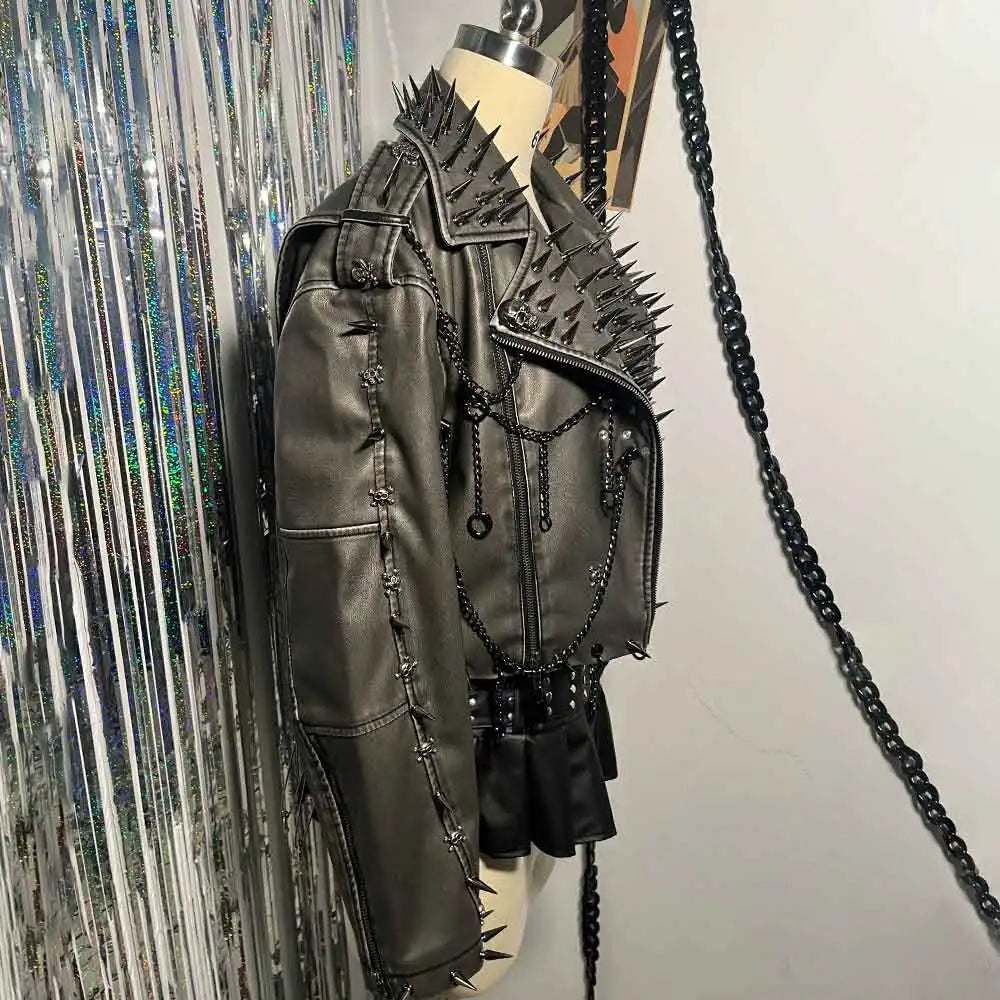 Women's Gray PU Leather Spiked Jacket