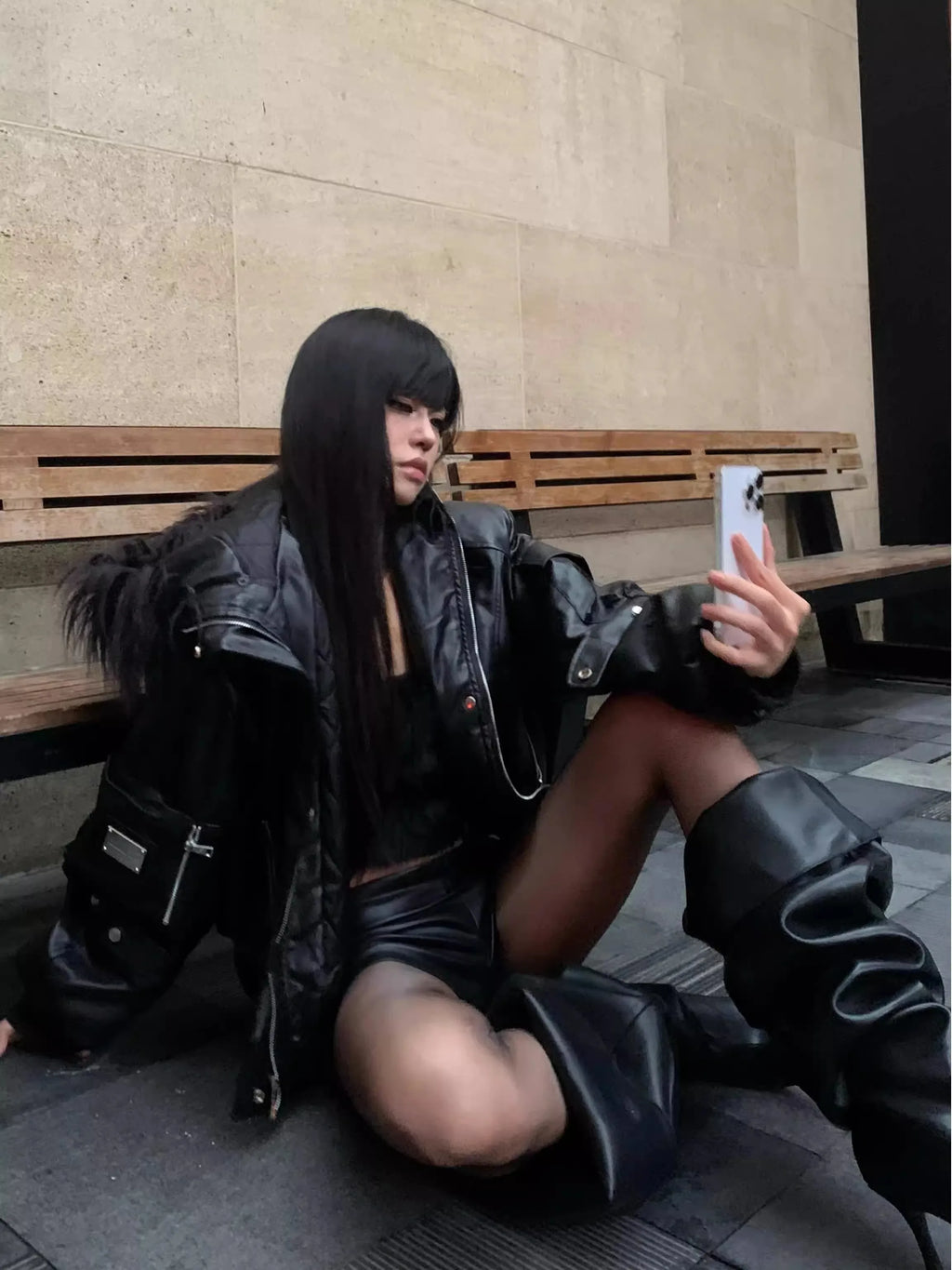 Black Faux Leather Hooded Jacket with Faux-Fur Trim