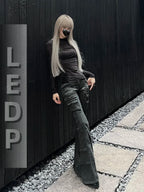 Women's Black Low-Rise Flare Cargo Jeans