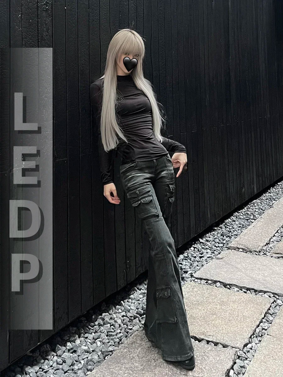 Women's Black Low-Rise Flare Cargo Jeans