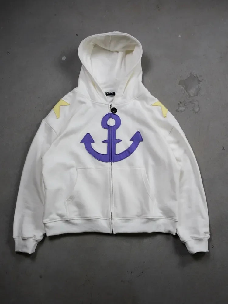 Light Blue Star & Graphic Zip-Up Hoodie