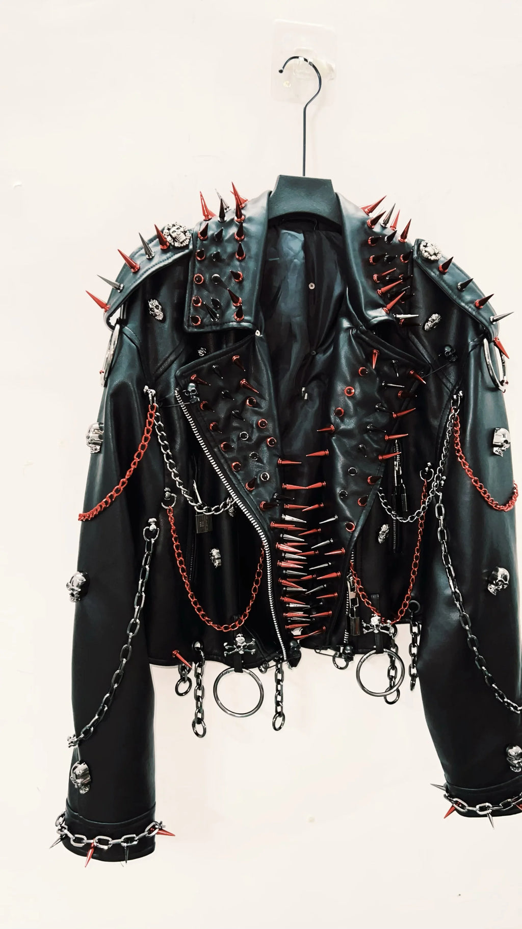 Grunge Black Spiked Faux-Leather Jacket with Chains